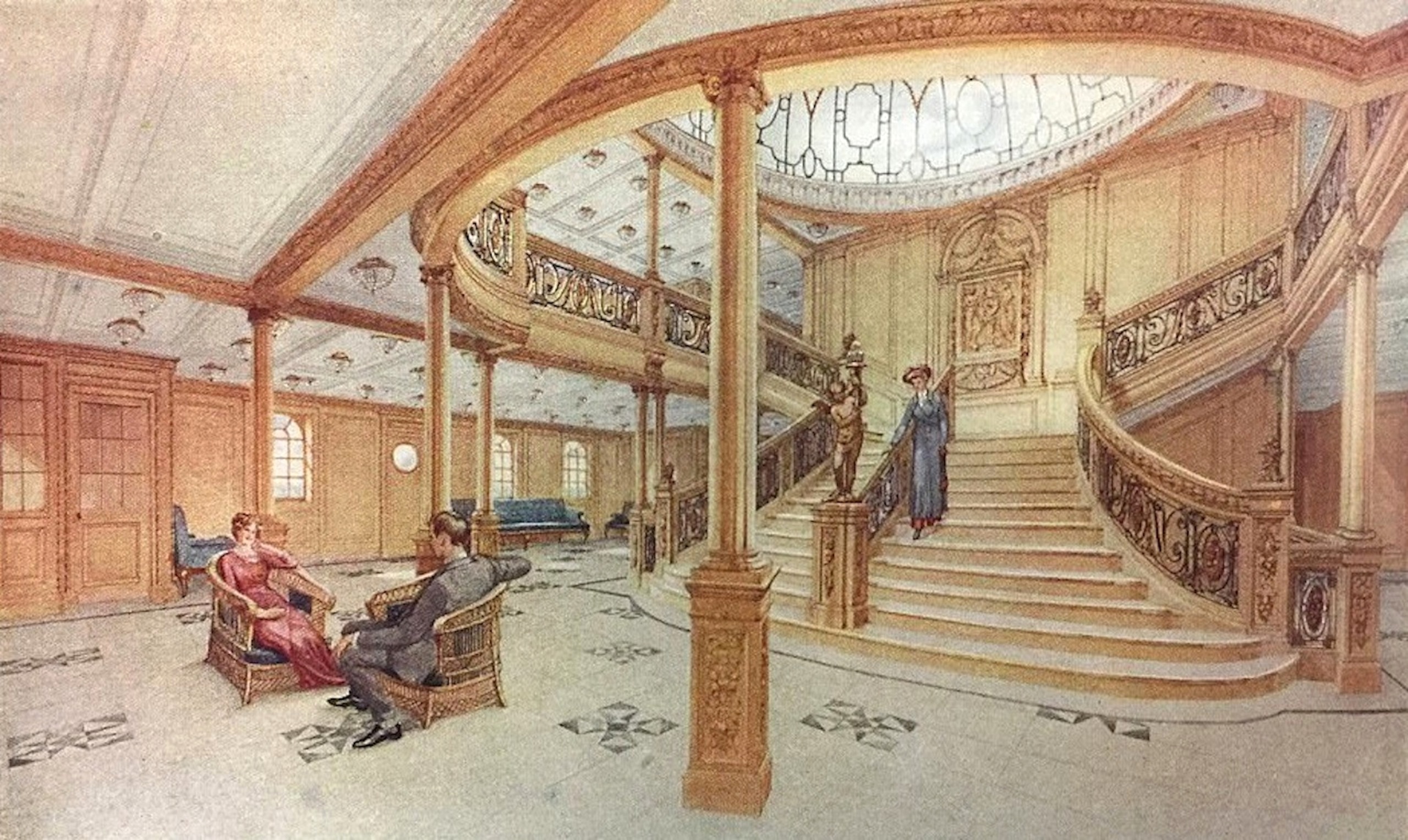 Grand Staircase aboard Titanic or a historically grounded reconstruction of it