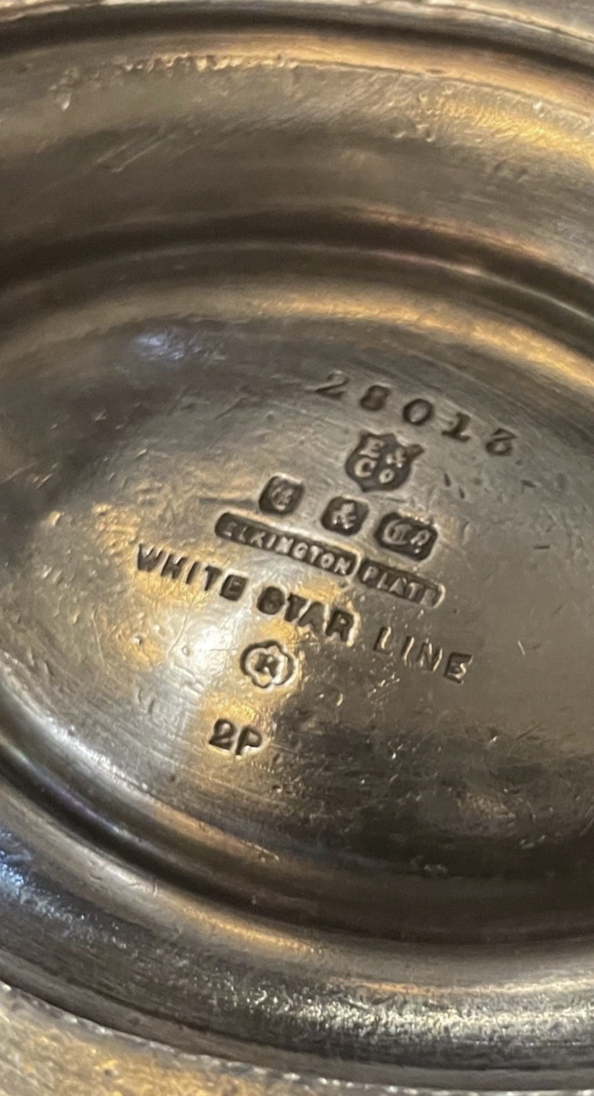 Base view showing full set of hallmarks/date codes and any pattern or inventory stamps