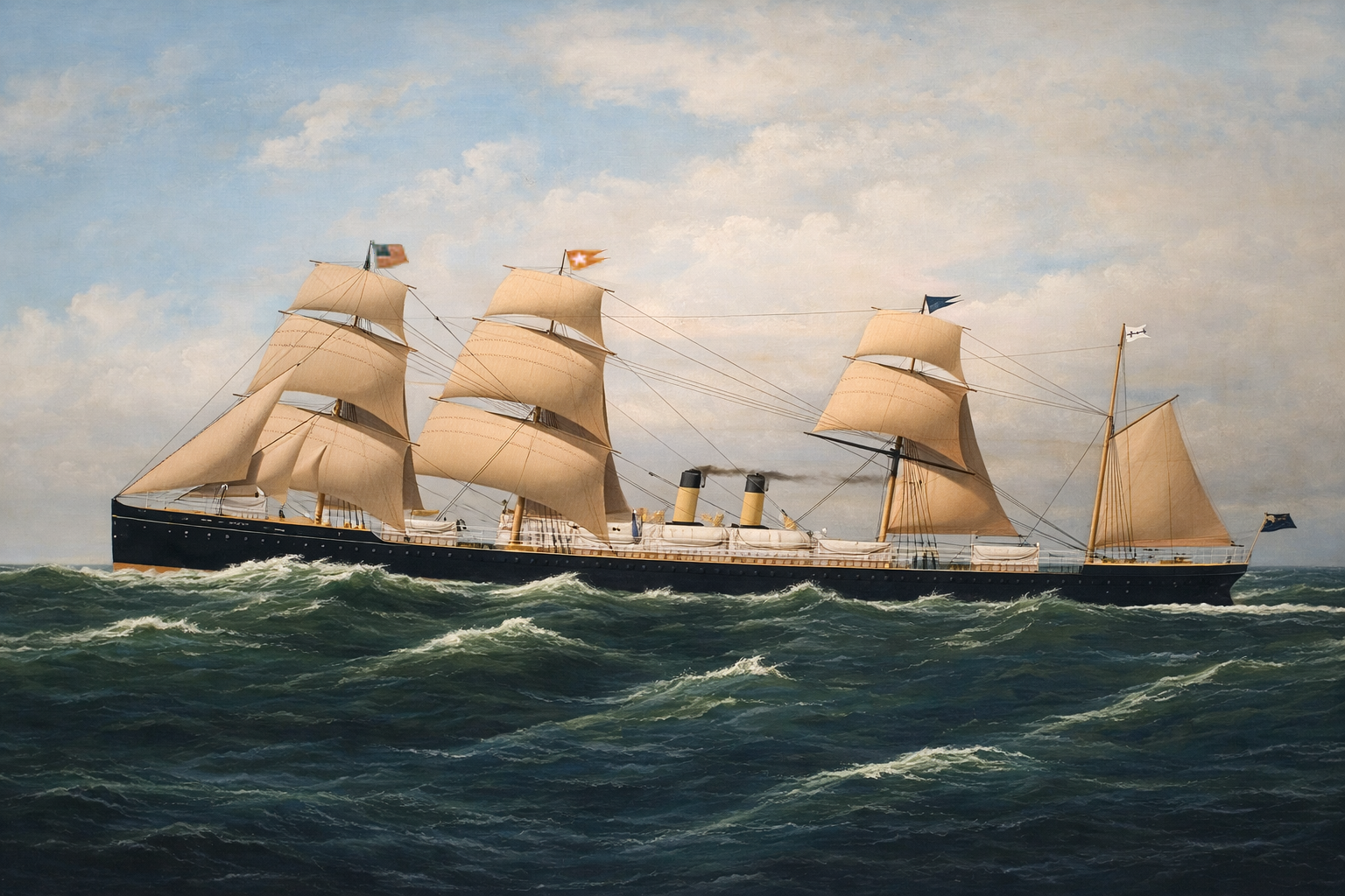 Ocean liner at sea under dramatic light